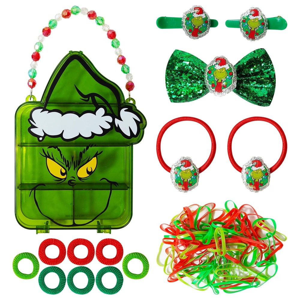 The Grinch Girls Hair Accessory Set Plastic Case Clips Elastics Bow HER Green